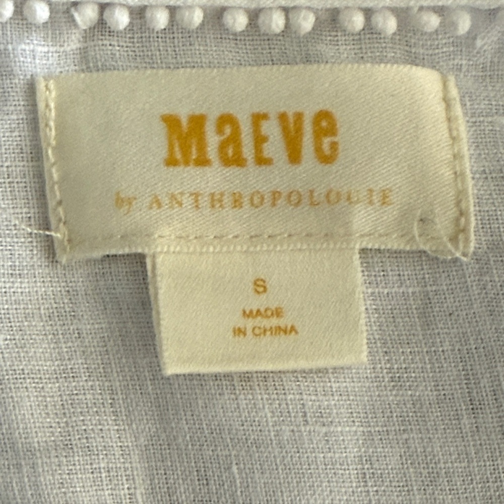 Anthropologie sz S 100% linen white  Maeve Blouse v neck ties pleats great cond - Picture 7 of 9